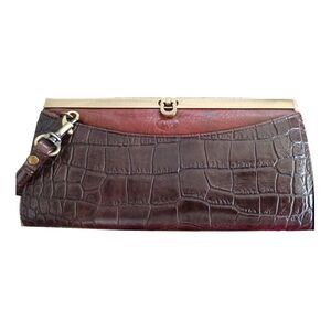 BUXTON Vintage Brown Leather Crock Print Crossbody Wallet/Purse